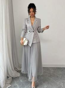Elenzga Conjunto de blazer y falda de malla de corte regular y elegante para mujer, versátil para el trayecto al trabajo y uso en todas las estaciones. - Gris - Ver 4