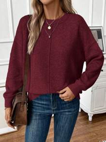 EMERY ROSE 女士休闲落肩针织套头衫秋冬毛衣 - 酒紅色 - 查看 3