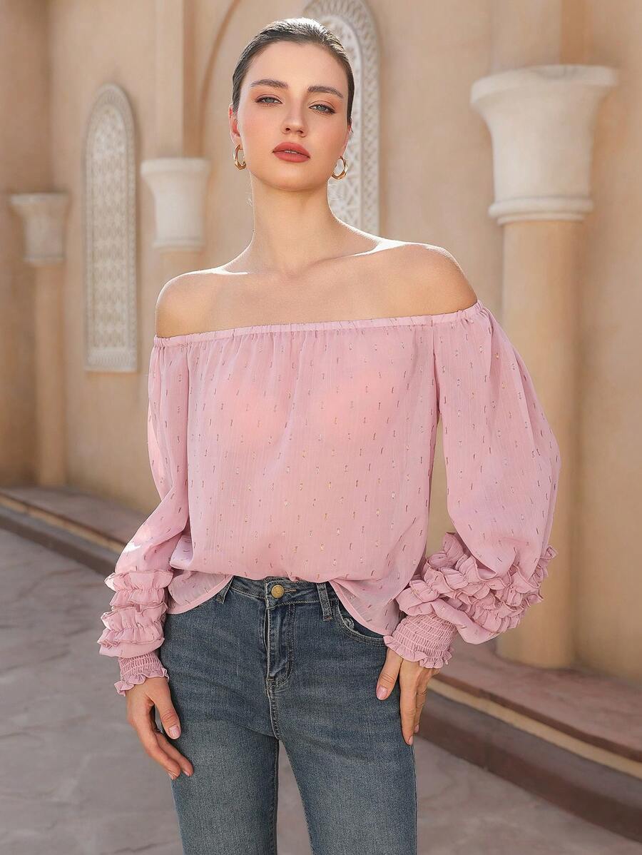 GENKIRA Pink Valentine's Day Romantic Elegant Off Shoulder Gold Fiber Textured Fabric Puff Sleeve Ruffle Hem Long Sleeve Chiffon Blouse Fall Cloth For Women - Pink - View 1