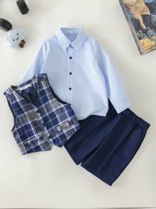 PrepCrw Young Boys' Spring/Summer Green Plaid Vest, Shirt & Shorts Coordinated Outfit - Blue - View 5