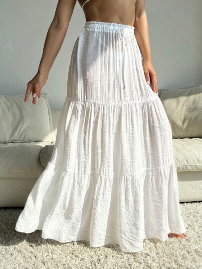 Swim Vcay Summer Outfits For Women Women's Summer Chiffon Layered Cover Up With Skirt, Solid Color