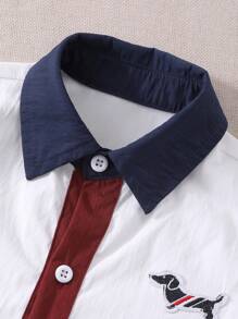 SHEIN 年轻男孩休闲纯色拼布正面纽扣简约时尚短袖衬衫 - 白色 - 查看 6