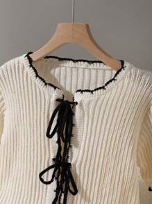 Chiquease Women Simple Tie Front Short Sleeve Cardigan, Spring/Summer - Apricot - View 6