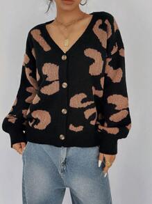 SHEIN EZwear Loose Fit V-Neck Black & Leopard Print Long Sleeve Knitted Cardigan Sweater, Suitable For Autumn/Winter - Multicolor - View 4