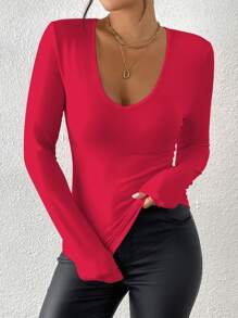 INAWLY Casual Versatile Solid Color Slim Fit Long Sleeve T-Shirt Fall Cloth For Women - Red - View 8