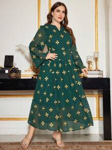 Modelyn Plus Size Women Floral Print V Neck Long Sleeve Dress - Dark Green - View 4