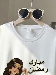 SHEIN Tween Girls Girl Holding Lantern Print Short Sleeve T-Shirt And Knitted Flare Leggings 2 Pieces Set