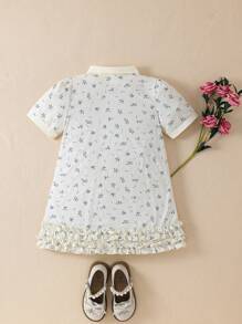 SHEIN Vestido de niña con estampado floral, cuello de punto, mangas abullonadas y dobladillo con volantes, para primavera/otoño