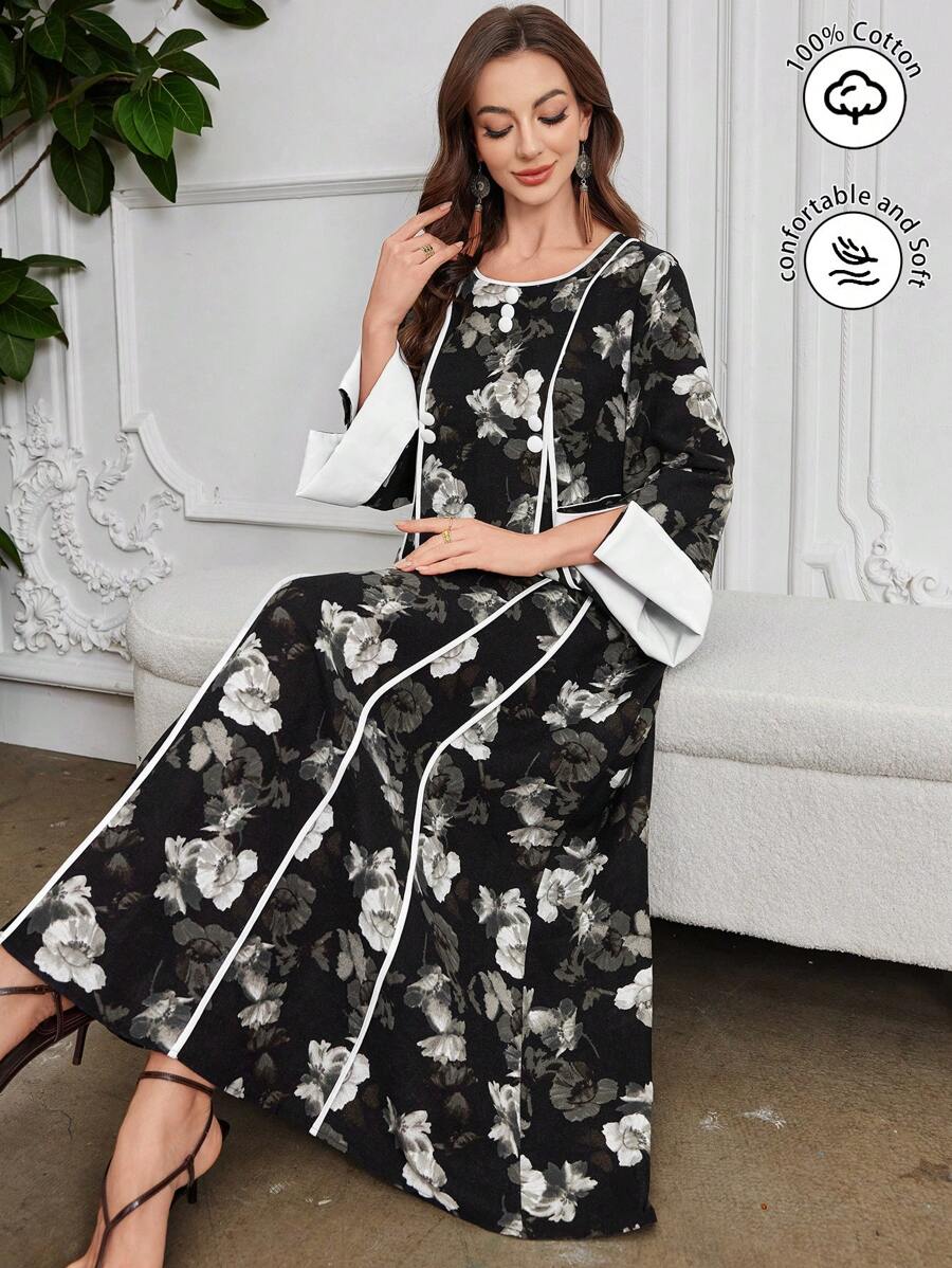 Al Najma V 领亚麻印花前条纹喇叭袖宽下摆阿拉伯连衣裙，端庄 - 彩色 - 查看 1