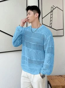 Claim Dot Men's Solid Color Crew Neck Long Sleeve Basic Sweater, Casual Everyday Wear - Teal Blue - View 3