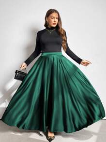 Vionelle Plus Size Elegant Solid Color Flared Skirt, Autumn Women Maxi Skirt - Dark Green - View 3