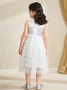 SHEIN Vestido elegante sin mangas de cuello redondo con parches de malla de unicolor para niña joven - Beis - Ver 2