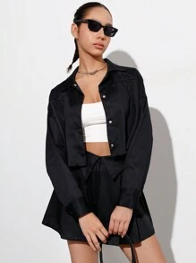 Aveloria Affinna 2pcs/Set Women Button-Up Short Sleeve Shirt And Low Waist Mini Skirt, Casual College Style Back To School Outfit