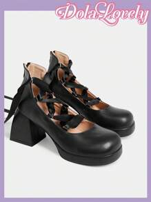 Dola Lovely 女士圆头玛丽珍鞋，后拉链，法式新款黑色缎带系带，酷炫高跟防水台粗跟浅口鞋