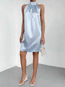 RueChic Solid Halter Neck Satin Dress - Baby Blue - View 5