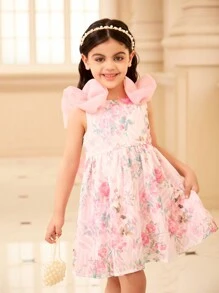 SHEIN 7th Birthday Sweet Formal Partywear With 3D Organza Decoration,Back Bow Detailing - Pink - View 6