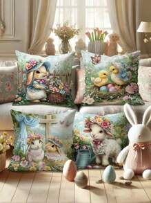 4pcs Easter Bunny & Chick Velvet Throw Pillow Covers - Whimsical Floral Sheep & Decorative Eggs Design, Soft & Comfortable With Zipper, Machine Washable - Perfect For Spring Living Room & Bedroom Decor - Pillow Inserts Not Included, Cute Throw Pillows - Multicolor - View 7