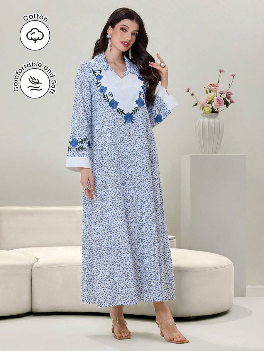 Al Najma Gaun Maxi Lengan Panjang Motif Bunga Patchwork Gaya Arab, Sopan - Biru - View 1
