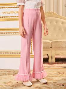 SHEIN Tween Girls Pink Mesh Patchwork Flare Leg Pants - Pink - View 4