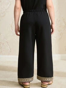 SHEIN Young Girl Black Straight Long Trousers With Woven Tape Trim, Suitable For School, Home Activities Or Outings With Friends - Black - View 2