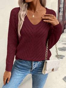 EMERY ROSE Women's Loose Casual V-Neck Hollow Geometric Textured Sweater Knit Pullover Fall Winter Outfit