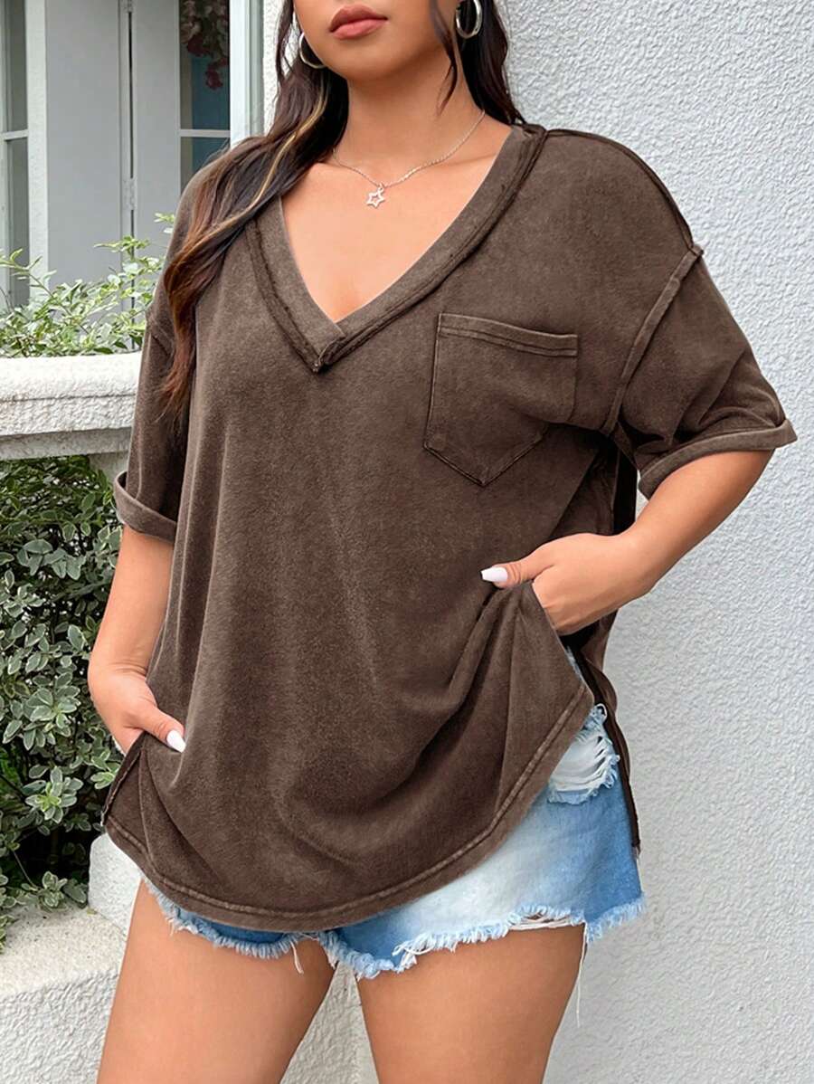 SHEIN EZwear 加大码酸洗外观复古针织做旧宽松短袖 T 恤 - 咖啡棕 - 查看 1