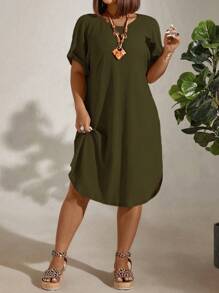 EMERY ROSE Women Plus Size Solid Color Round Neck Short Sleeve Casual Straight Dress - Army Green - View 4