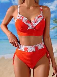SHEIN Swim Women's Romantic Rose Printed Vacation Swimwear Set For Summer Beach Vacation - Red and White - View 3