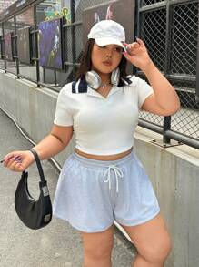 SHEIN EZwear Plus Size Solid Color Elastic Waist A-Line Mini Skirt Shorts - Light Grey - View 3