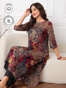 Lacomfia Asymmetrical Hemline Printed Shirt Dress, Round Neck, Spring/Summer - Multicolor - View 4