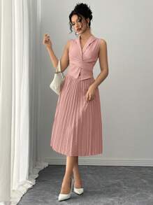 Rafferiza 2 件套女士优雅休闲百搭交叉腰系带领上衣和褶皱松紧腰长裙，无弹力编织面料，杏色，秋冬 - 粉色 - 查看 3