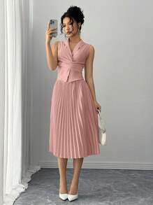 Rafferiza 2 件套女士优雅休闲百搭交叉腰系带领上衣和褶皱松紧腰长裙，无弹力编织面料，杏色，秋冬 - 粉色 - 查看 4