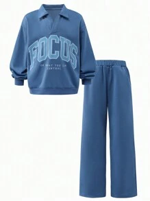 SHEIN 青少年女孩字母印花简约连帽衫和运动裤套装 - 霧霾藍 - 查看 3