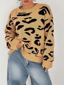 SHEIN EZwear Suéter informal y cálido con cuello redondo y estampado de leopardo, adecuado para otoño/invierno para mujer