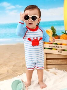 Baby Boy Striped Crab Print Rash Guard And Shorts Set - Multicolor - View 4