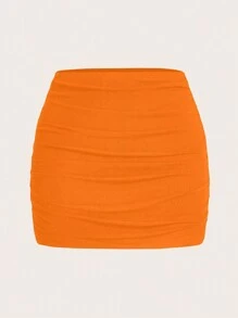 SHEIN EZwear 女士加大码橙色针织褶皱高腰半身裙 - 橘色 - 查看 2