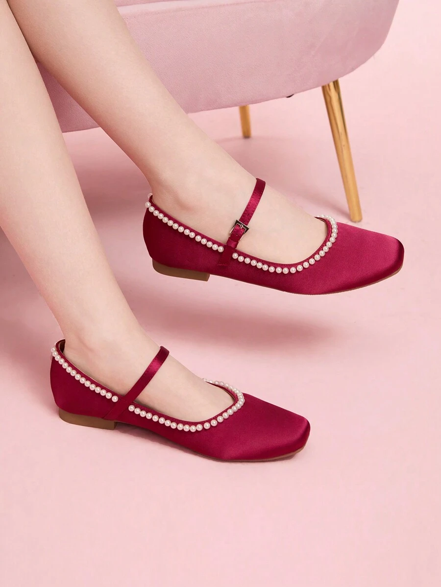 CUCCOO DOLLMOD Women's Valentine's Day Pearl Flat Ballet Flats Spring Shoes Spring Break Easter - Burgundy - View 1