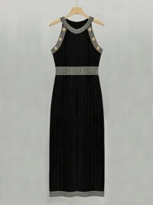 Plus Size Solid Color Splicing Round Neck Sleeveless Button Casual Sweater Dress - Black - View 1