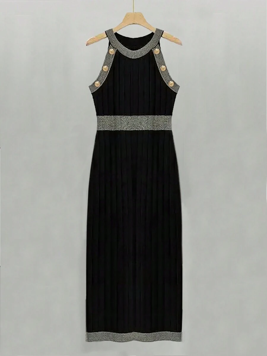 Plus Size Solid Color Splicing Round Neck Sleeveless Button Casual Sweater Dress - Black - View 1