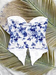 Soleia 复古蓝白瓷花卉度假不对称荷叶边下摆吊带背心，适合夏季