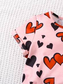 SHEIN Young Girls Valentine's Day Casual Heart Print Short Sleeve T-Shirt