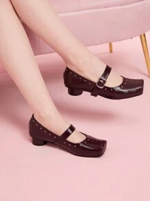 CUCCOO DOLLMOD Tacones altos con puntera cuadrada para mujer, tacones cilíndricos con tira cruzada, estilo clásico retro de Mary Jane - Burdeos - Ver 4