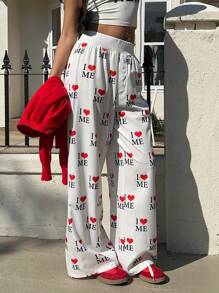 SHEIN EZwear Women's White Background Heart Decor Front Button Casual Wide Leg Pants - Multicolor - View 5