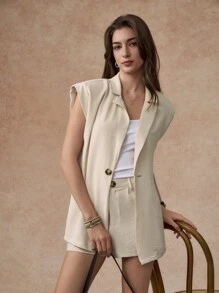 SHEIN Unity 优雅米色西装外套搭配短裤套装，春夏女士套装 - 卡其色 - 查看 4