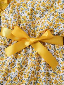 SHEIN 2 件套年轻女孩印花连衣裙和罗纹荷叶边夹克套装，适合度假、夏季、旅行 - 黃色 - 查看 4