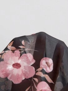 SHEIN LUNE Elegant Commuter Casual Vacation Floral Pattern Fabric Round Neck Ruffle Sleeve Blouse, Fashion Versatile Bestseller In Black And Pink, Plus Size, Spring/Summer/Autumn - Black - View 3