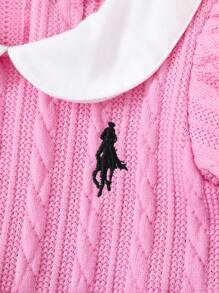 Baby Girl Infant Toddler 0-3 Years Old Spring/Summer Casual Sports Elegant Polo Dress, Textured Knit Puff Sleeve Peter Pan Collar, Dusty Rose & Peach - Pink - View 5