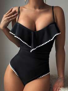 Summer Women's Elegant French Ruffle Trim Bodycon High Waist Ruched One-Piece Swimsuit