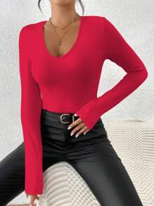 INAWLY Casual Versatile Solid Color Slim Fit Long Sleeve T-Shirt Fall Cloth For Women - Red - View 5