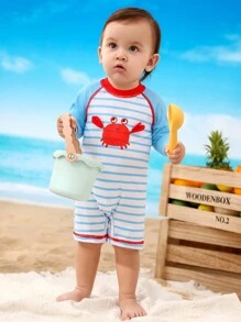 Baby Boy Striped Crab Print Rash Guard And Shorts Set - Multicolor - View 1